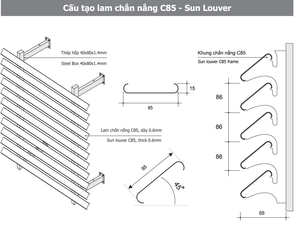 Bản vẽ cấu tạo của lam chắn nắng 85
