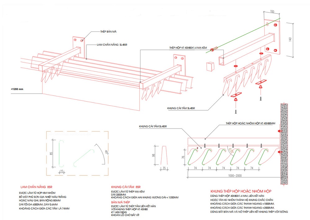 Bản vẽ cấu tạo chi tiết lam chắn nắng 85R