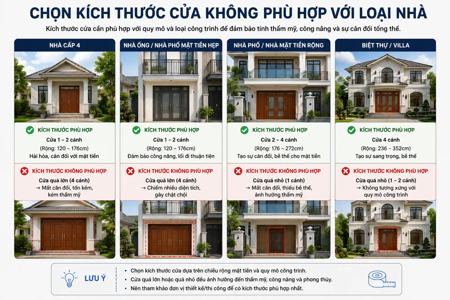 Chọn kích thước cửa chính phù hợp với từng loại nhà như nhà cấp 4, nhà ống, nhà phố và biệt thự
