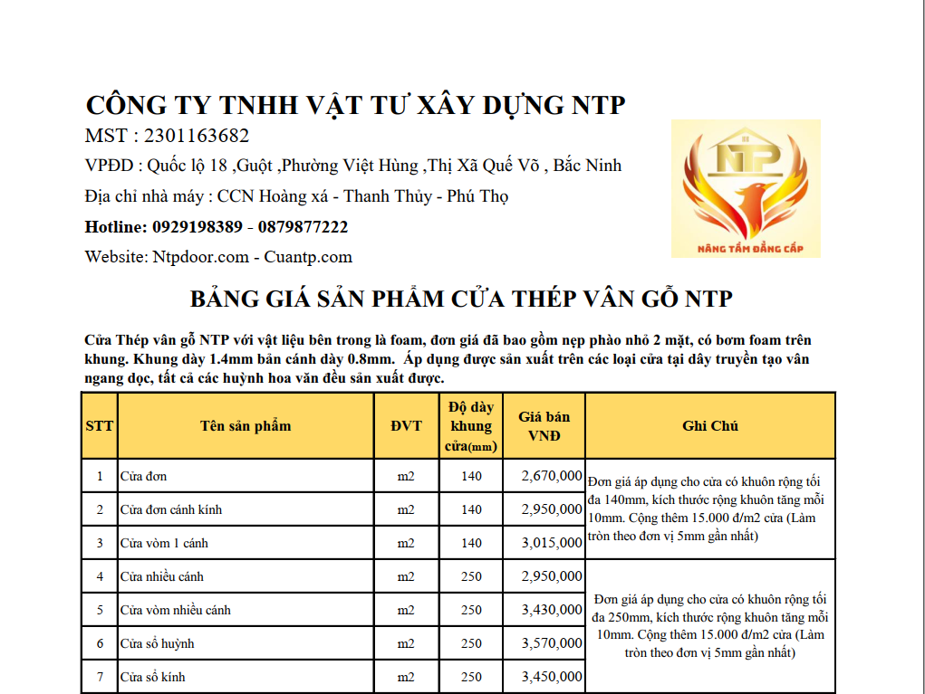 Báo giá sản phẩm cửa thép vân gỗ NTP 2025