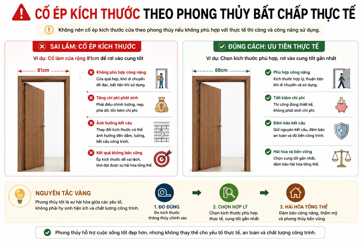Không nên cố ép kích thước cửa theo thước Lỗ Ban nếu ảnh hưởng đến công năng, thẩm mỹ và kết cấu công trình.